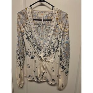 Free People Floral Mixed Print Tie Front V-Neck Blouse Cream Blue XS